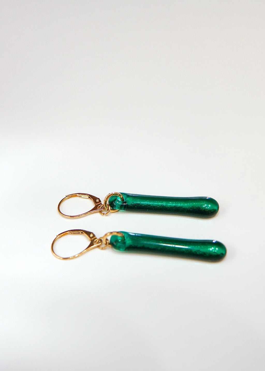 Long drop earrings – green glass and gold vermeil