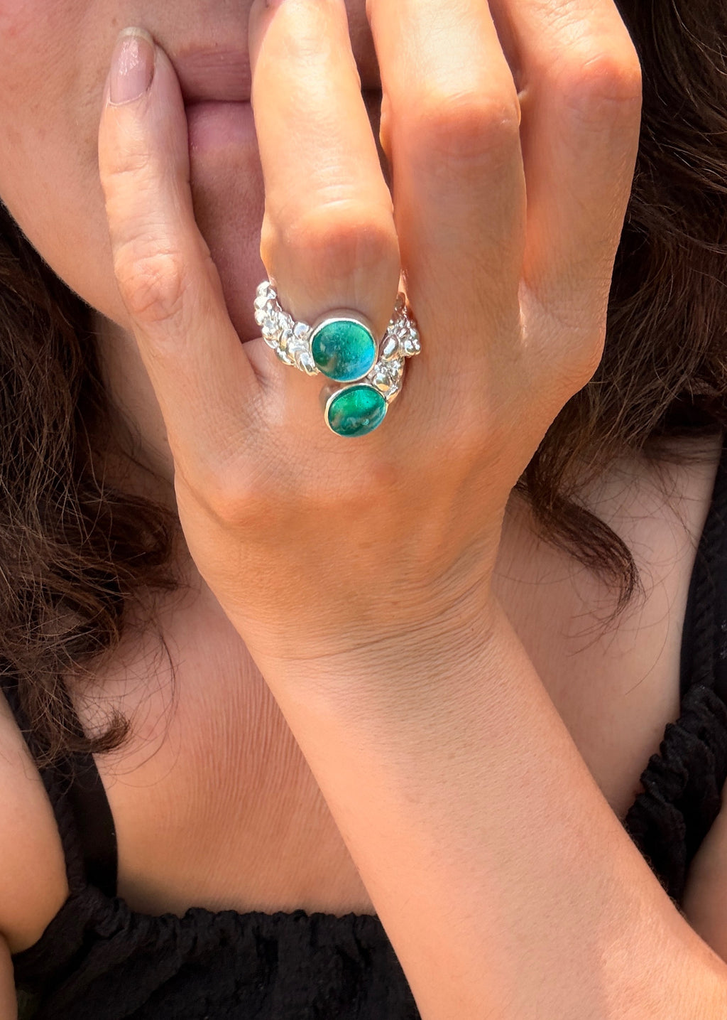 Double Aqua Pebbles Ring – Sterling Silver