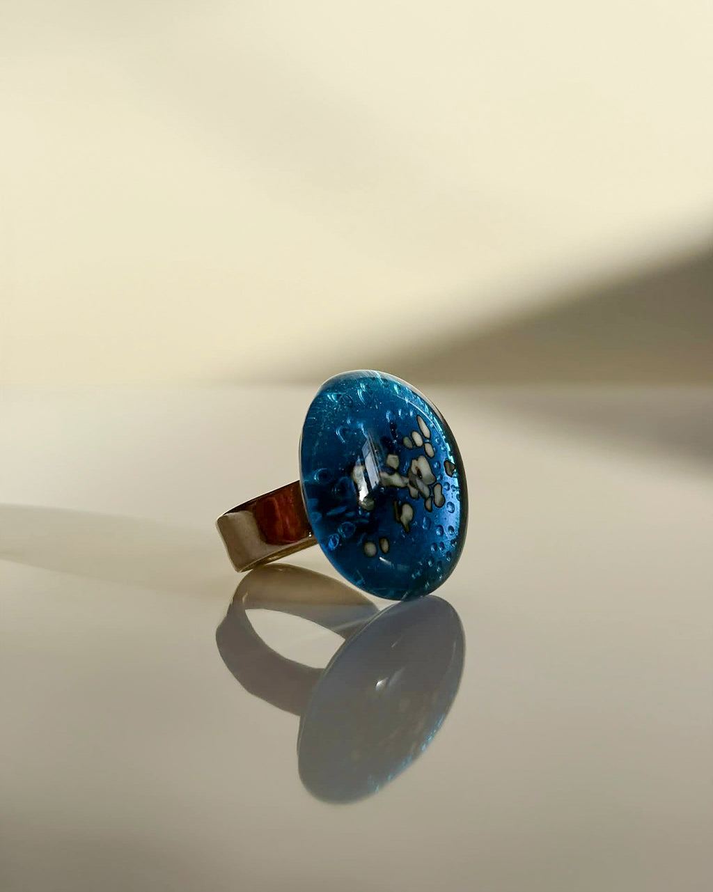 Turquoise Atoll Round Ring – Fused Glass & Sterling Silver