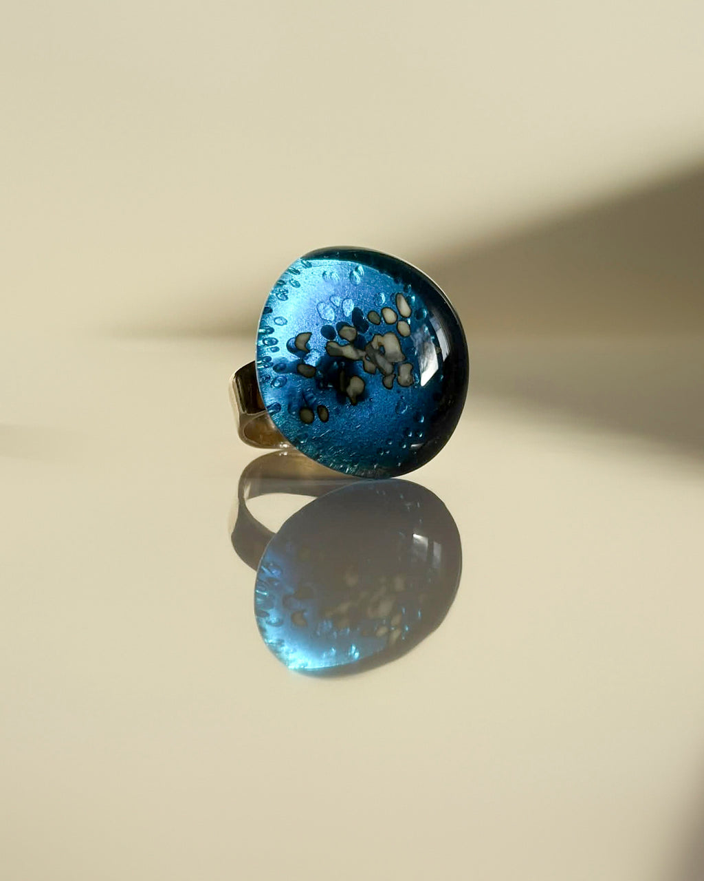 Turquoise Atoll Round Ring – Fused Glass & Sterling Silver