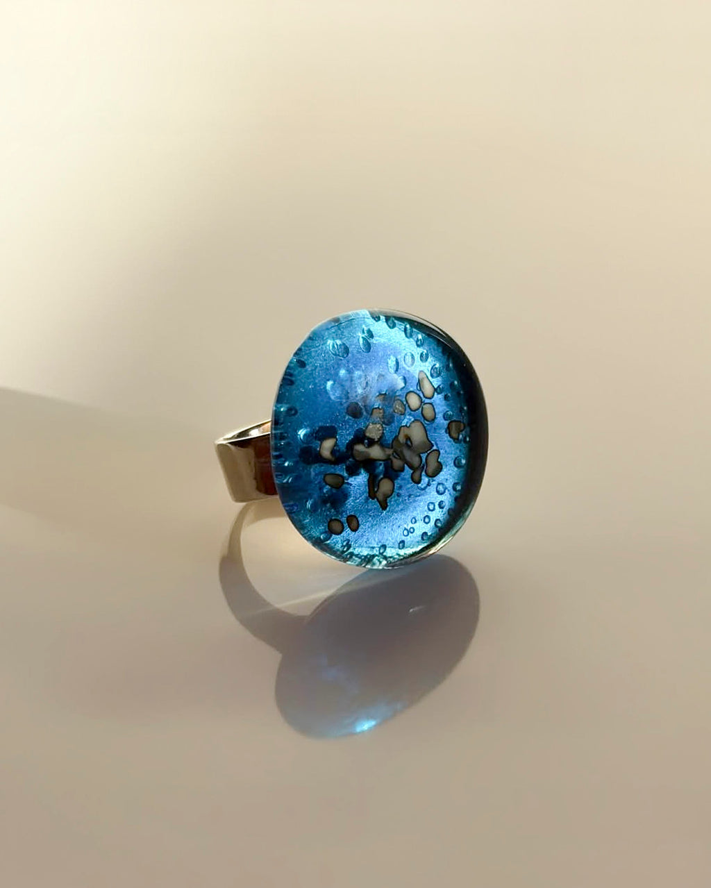 Turquoise Atoll Round Ring – Fused Glass & Sterling Silver
