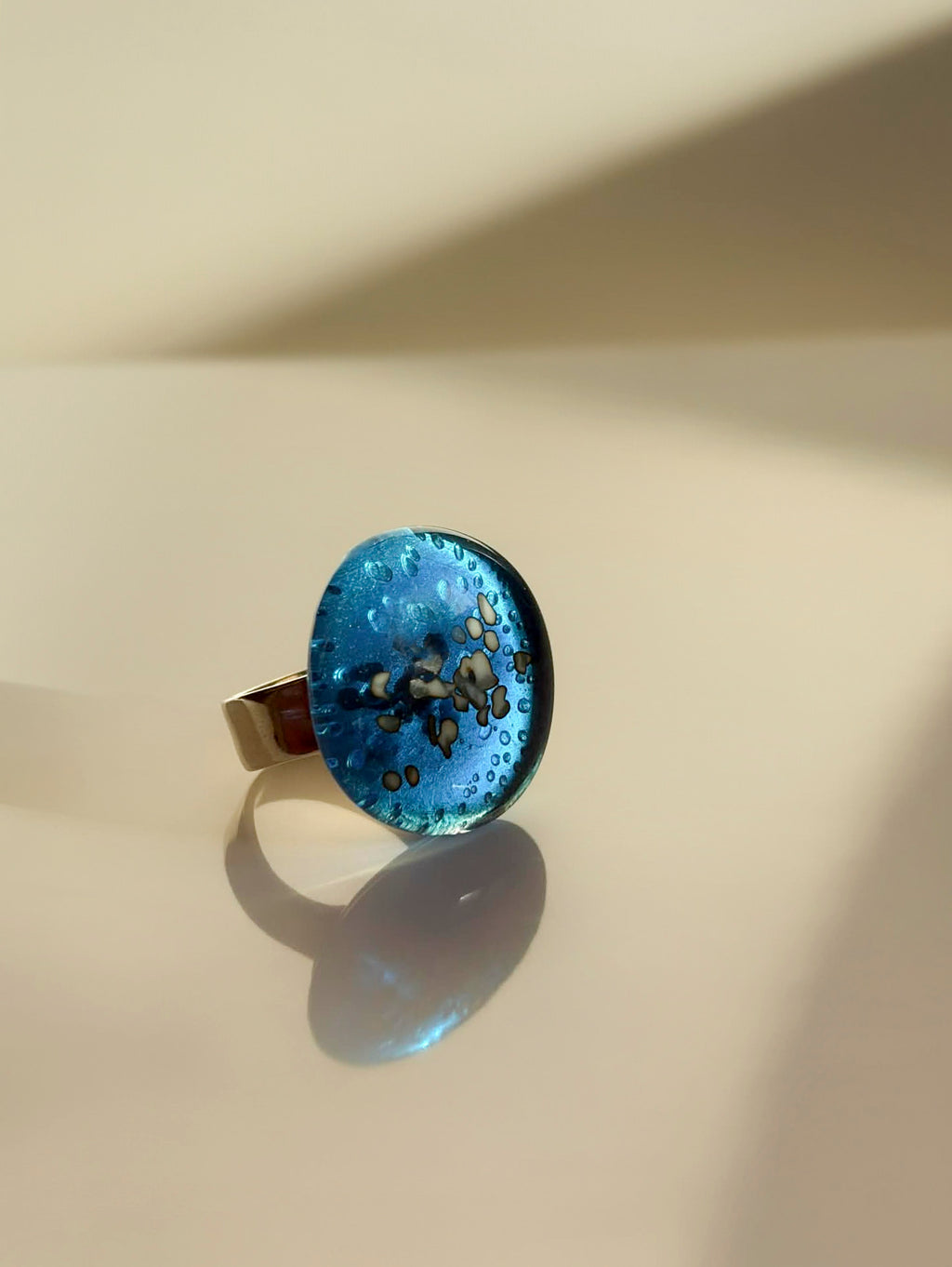 Turquoise Atoll Round Ring – Fused Glass & Sterling Silver