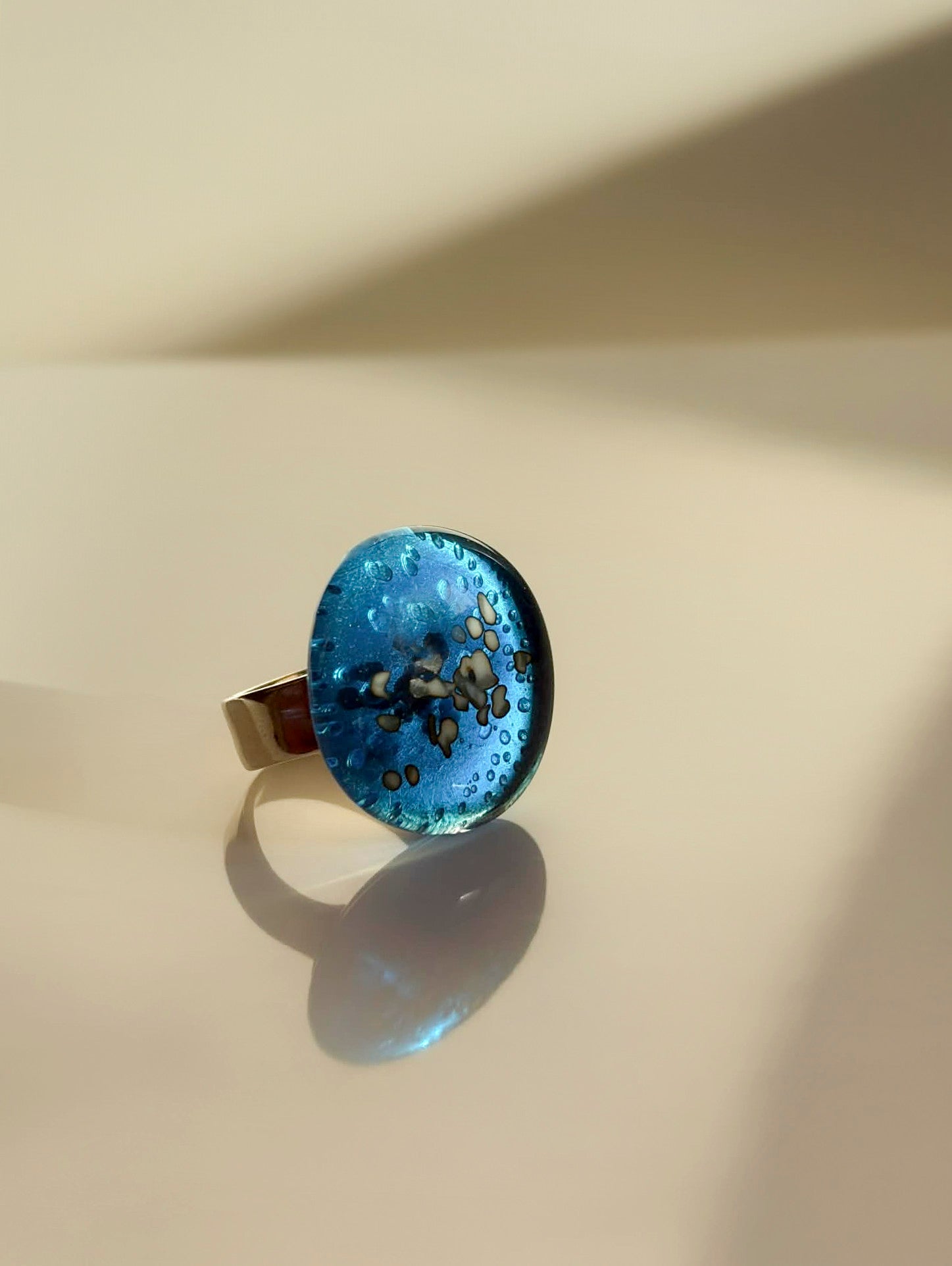 Turquoise Atoll Round Ring – Fused Glass & Sterling Silver