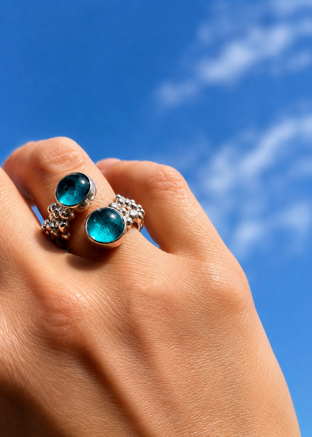 Double Aqua Pebbles Ring – Sterling Silver