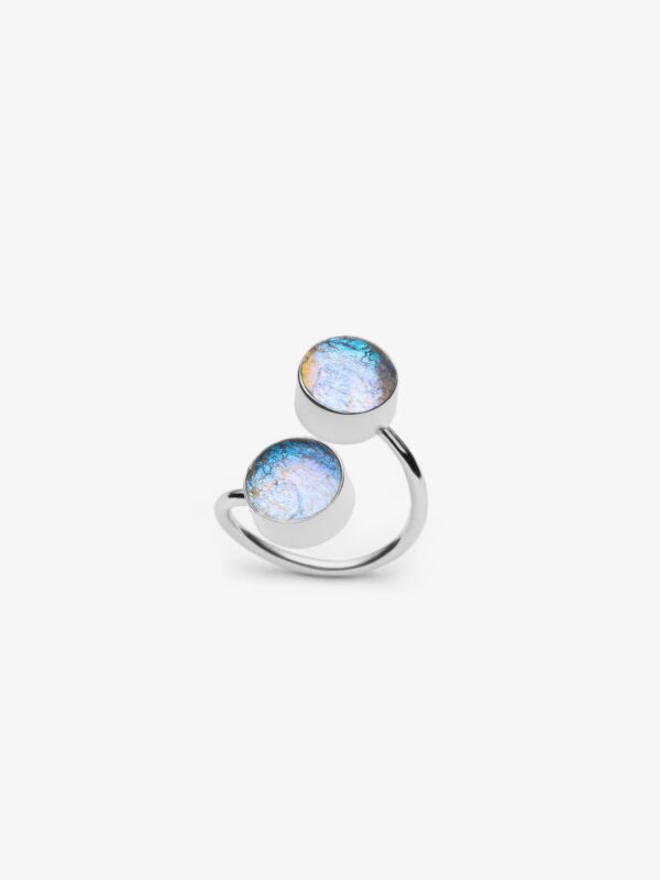 Bague spirale double en argent et verre dichroïque bleuté – MÉLA par Mélanie Laplante