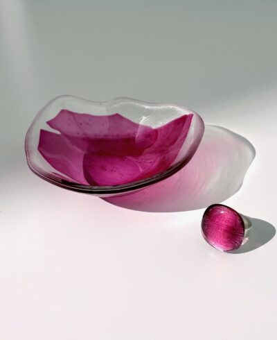 duo de petit bol en verre rose et bague pastille rose